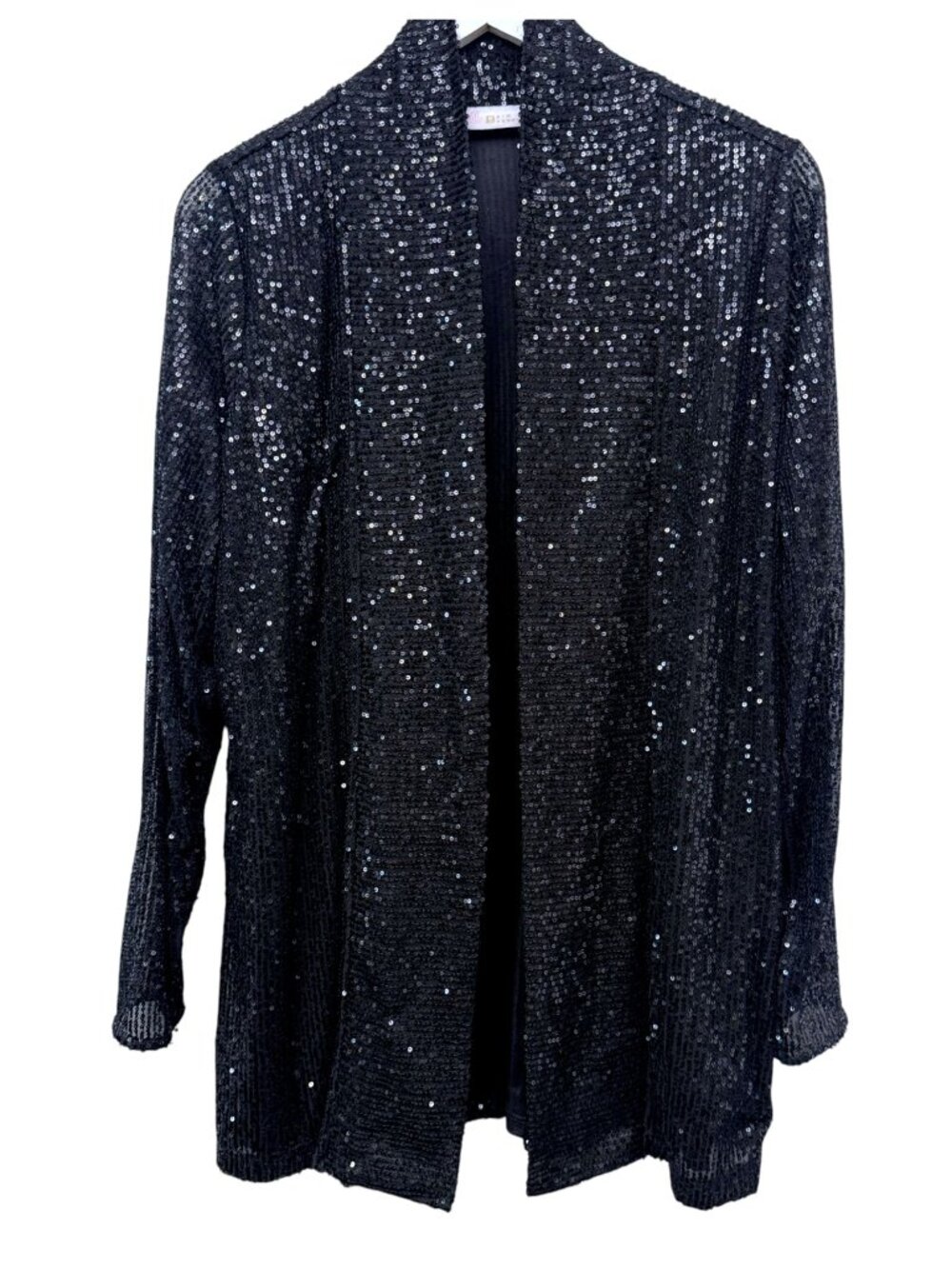 Belle Kim Gravel Sparkle Stretch Jacket Medium Black Sequin Open Cardigan Party
